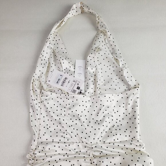 Zara Ruched Mini Halter Dress Womens Small White Black Polka Dot V Neck NEW - Picture 8 of 15